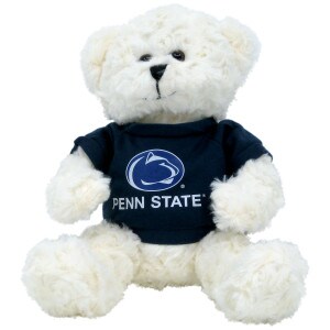 white plush bear wearing navy shirt with Penn State and Athletic Logo
